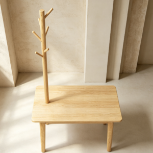 Natural Coat Rack with End Table 4 Hooks