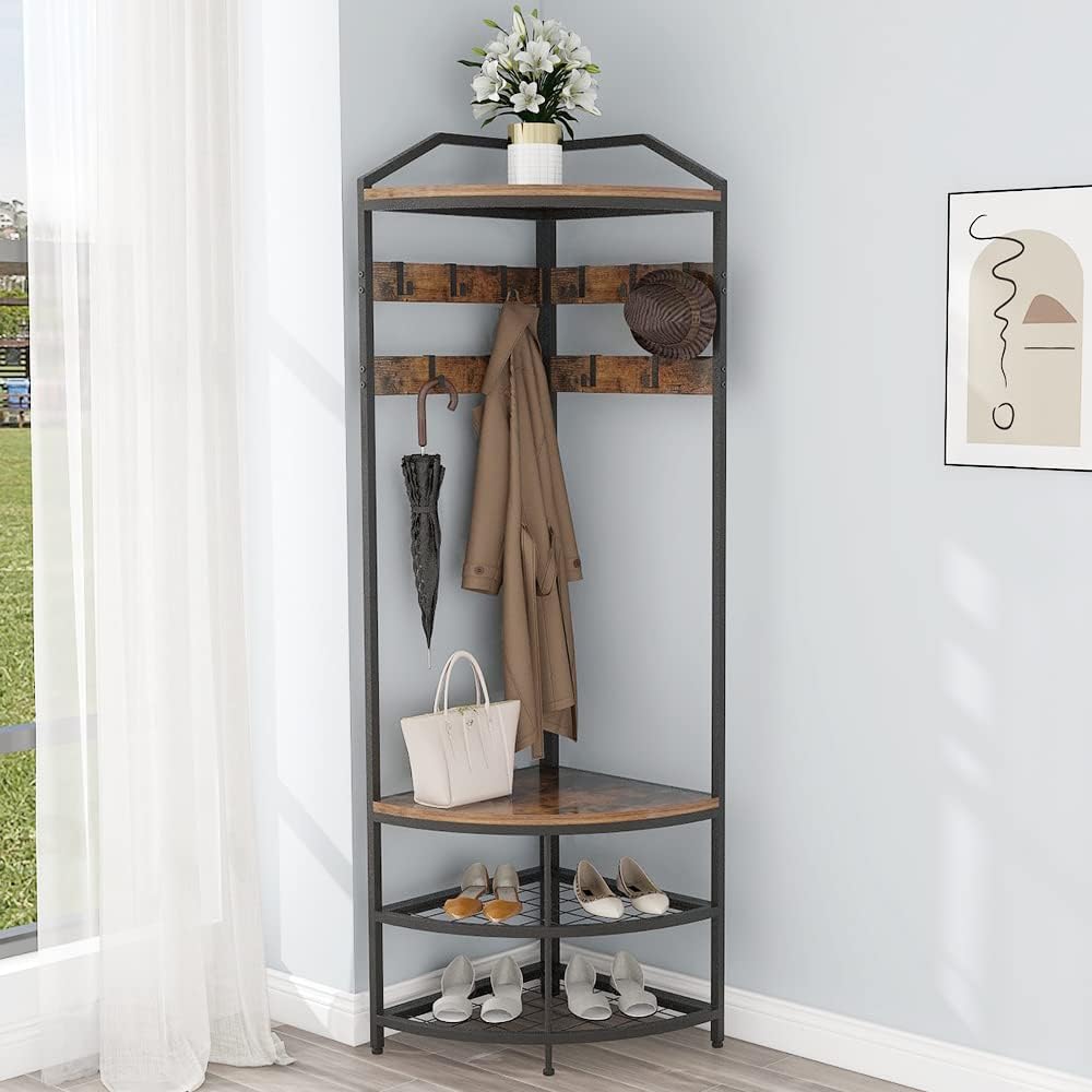 Rustic Brown Corner Hall Tree with Bench