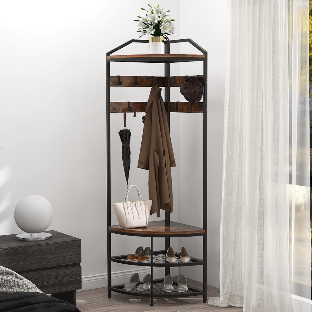 Rustic Brown Corner Hall Tree with Bench - Image 2