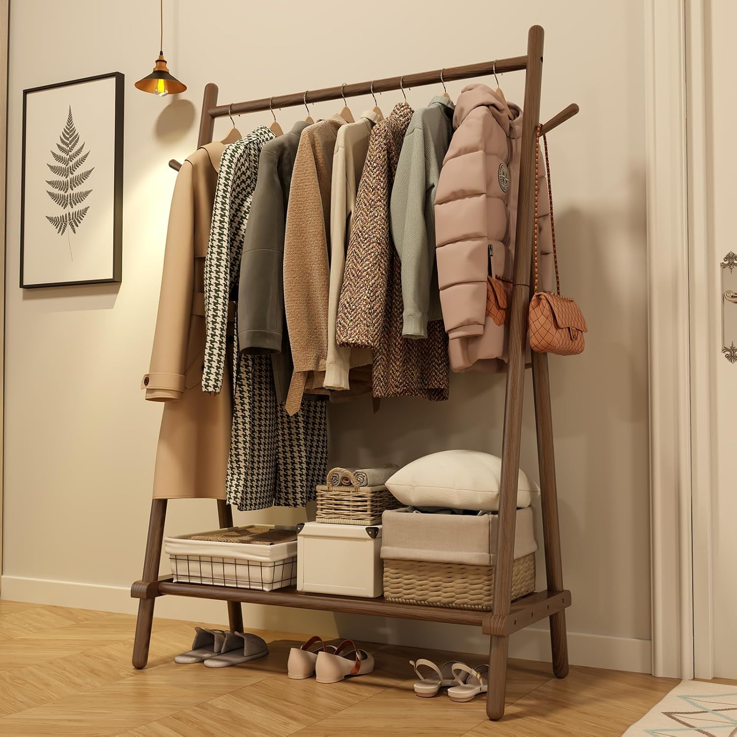 Walnut Wood Clothes Rack with Shelves