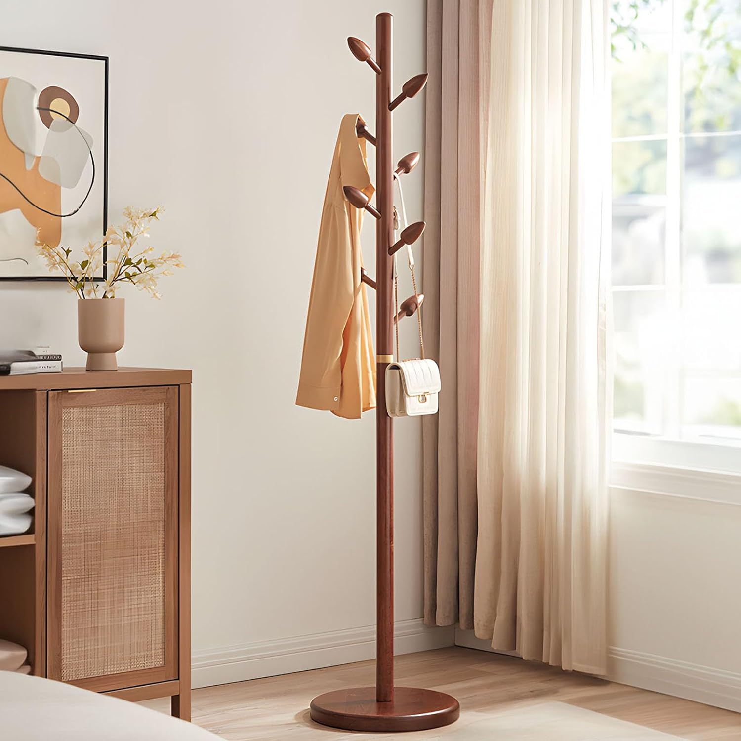 Walnut Freestanding Coat Rack 8 Hooks