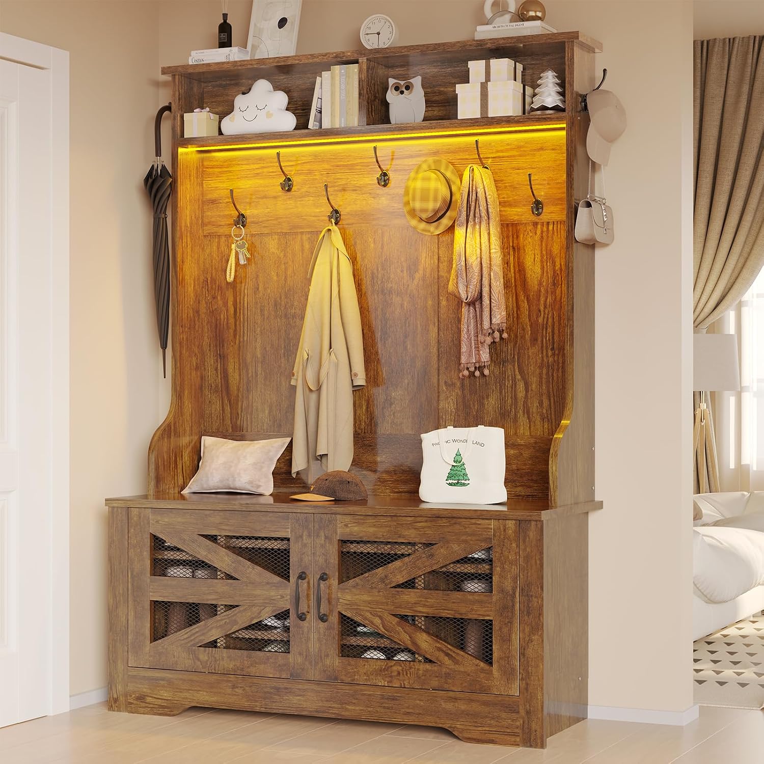 Rustic Brown Hall Tree with Shoe Cubbies