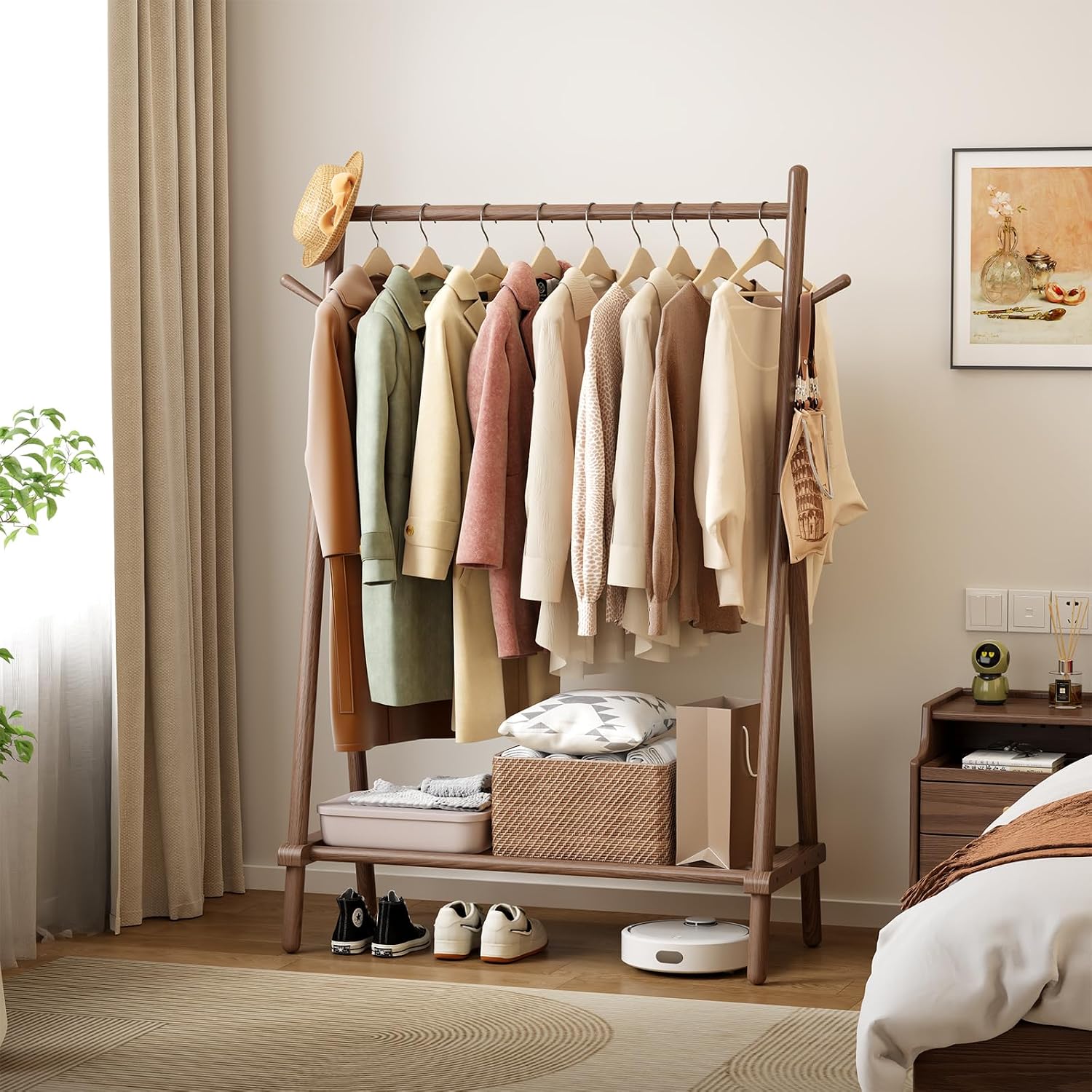 Walnut Wood Clothes Rack with Shelves - Image 2