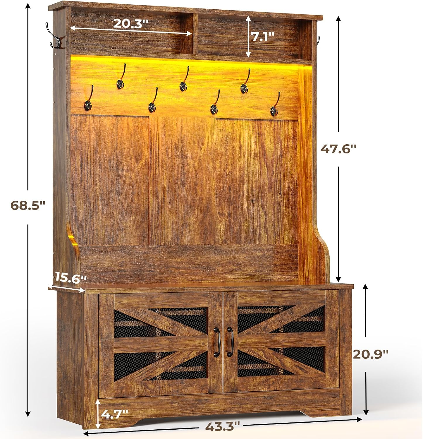 Rustic Brown Hall Tree with Shoe Cubbies - Image 2
