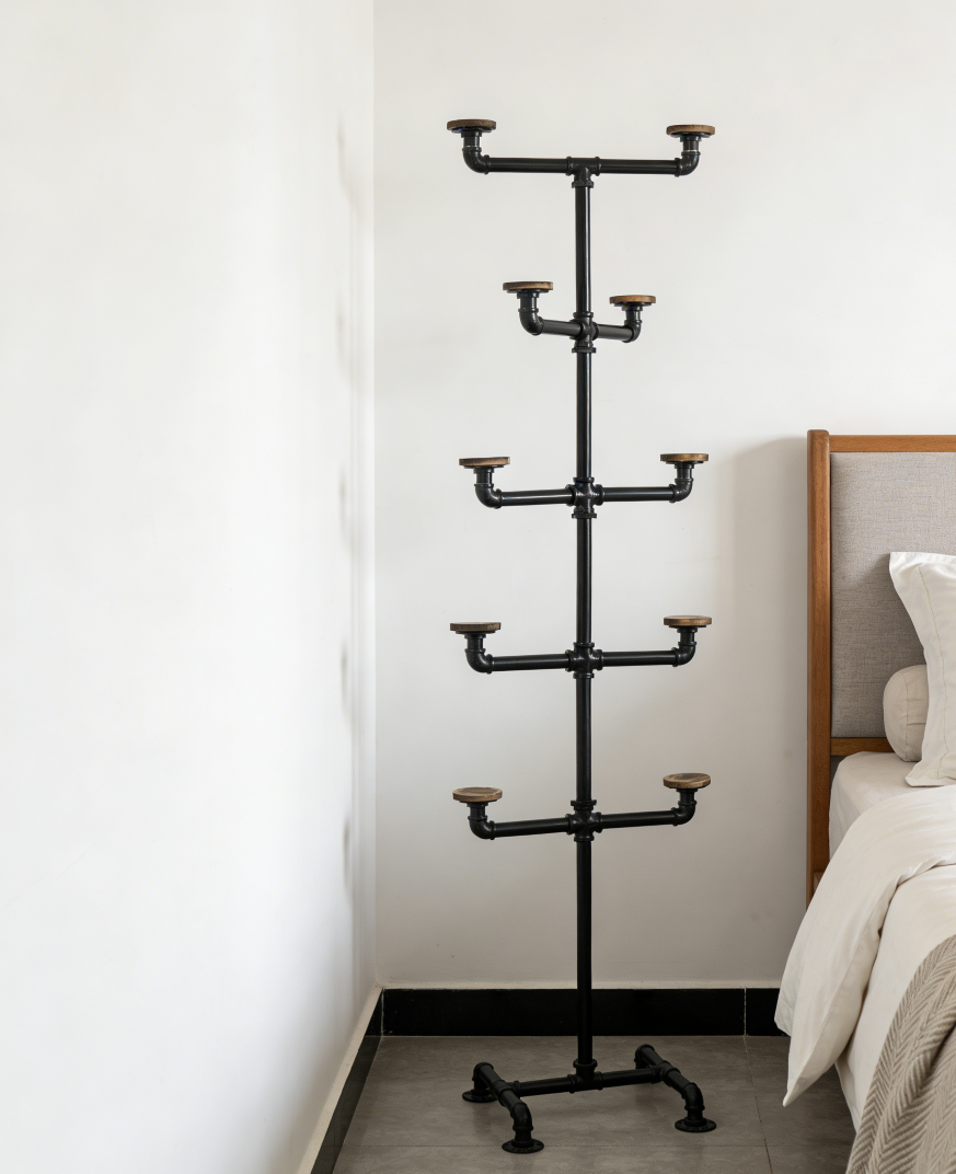 Industrial 10-Hook Wood Hat Stand